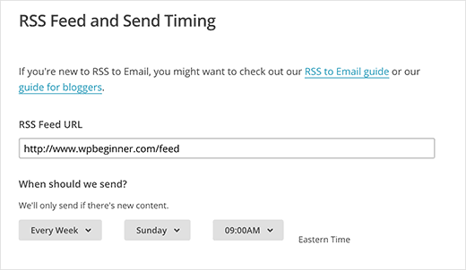 Masukkan URL umpan RSS Anda dan pilih waktu dan frekuensi email 