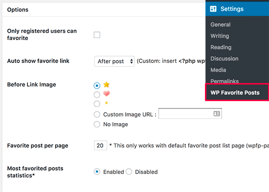 Pengaturan WP Favorite Posts 