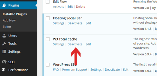 Menonaktifkan W3 Total Cache plugin di WordPress 