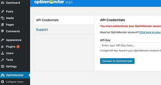 Tambahkan Kunci API OptinMonster Anda 