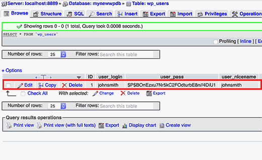 Browsing tabel pengguna di WordPress DB 