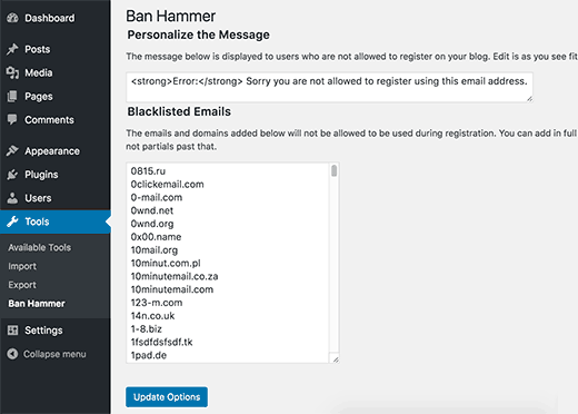 Halaman pengaturan untuk plugin Ban Hammer 