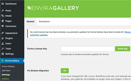 Tambahkan kunci lisensi Envira Gallery 