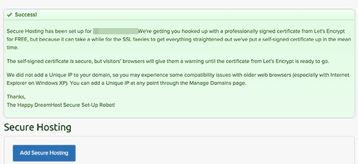 Pesan sukses setelah menambahkan SSL gratis di DreamHost 