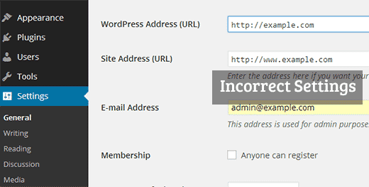 Setelan URL WordPress salah 