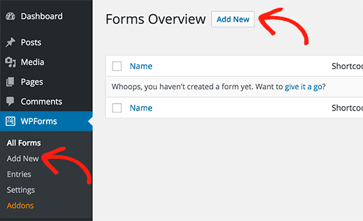 Menambahkan form kontak baru di WordPress menggunakan WPForms 