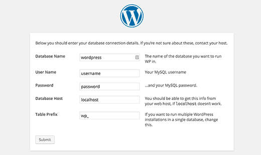 Masukkan informasi database Anda untuk instalasi WordPress 
