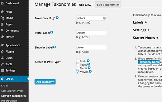 Buat Taksonomi di plugin CPT UI 