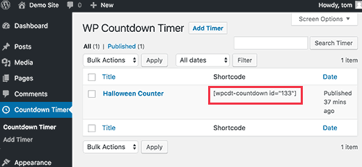 Copy shortdown timer shortcode 