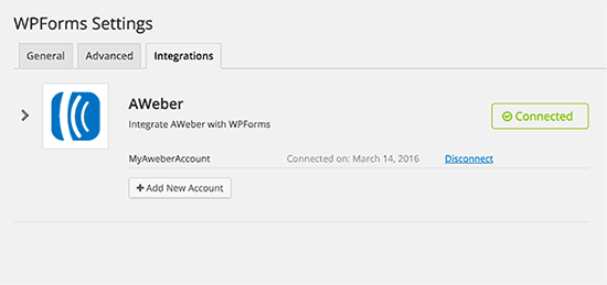 AWeber terhubung dengan WPForms 