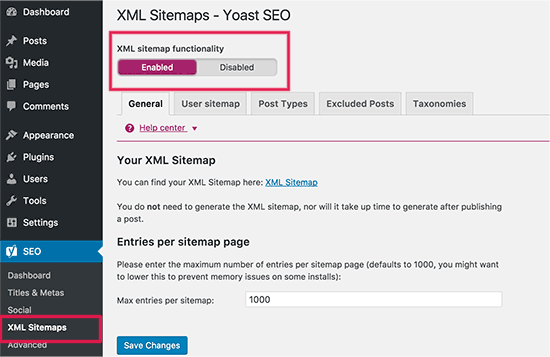 Mengaktifkan Peta Situs XML di plugin Yoast WordPress SEO 