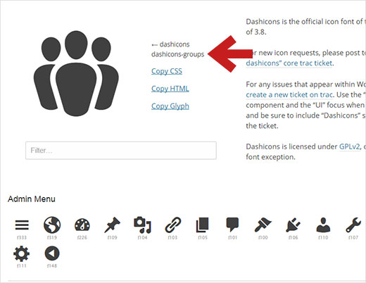 Menyalin kelas ikon dari situs web Dashicons 