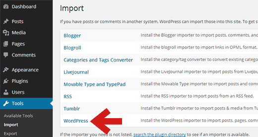 Klik di WordPress untuk menginstal importir WordPress 