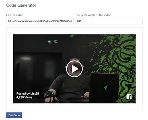 Facebook video embed kode generator 