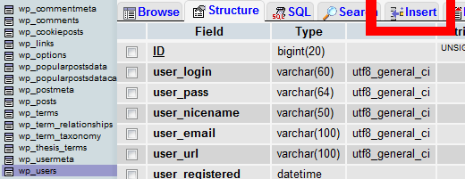 meja phpMyAdmin wp_users 