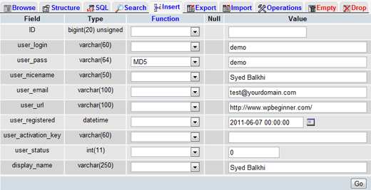 phpMyAdmin Masukkan nilai dalam tabel wp_users 