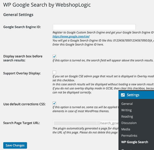 Halaman pengaturan untuk WP Google Search 