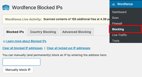 Secara manual memblokir IP dalam Wordfence 