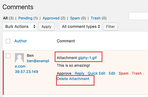 Tinjau dan hapus lampiran saat memoderasi komentar di WordPress 