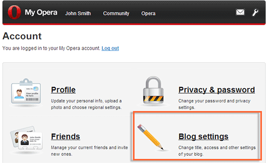Pengaturan blog Opera saya di bawah Account 