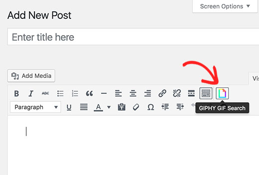 Tombol giphy di editor posting WordPress 