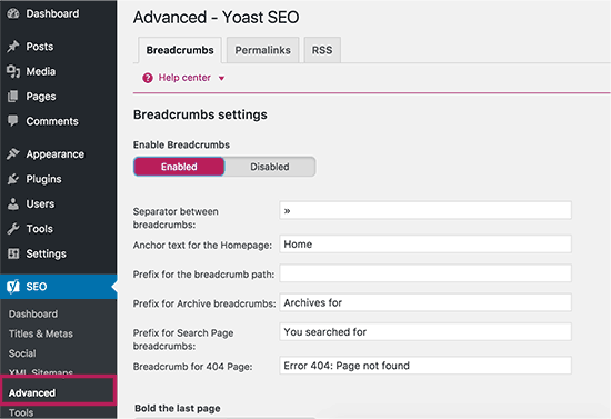 WordPress SEO - Breadcrumbs 