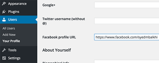 Tambahkan URL profil Facebook di WordPress 