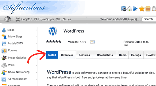 Klik pada tab install untuk terus menginstal WordPress menggunakan Softaculous 
