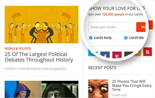 Formulir berlangganan email di situs List25 