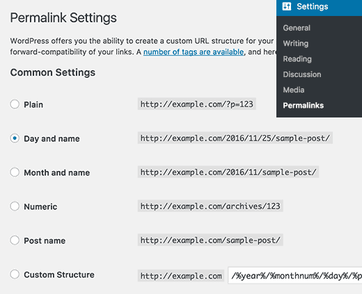 Halaman pengaturan Permalink di WordPress 