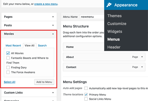 Custom post type tab pada layar menu navigasi di WordPress 