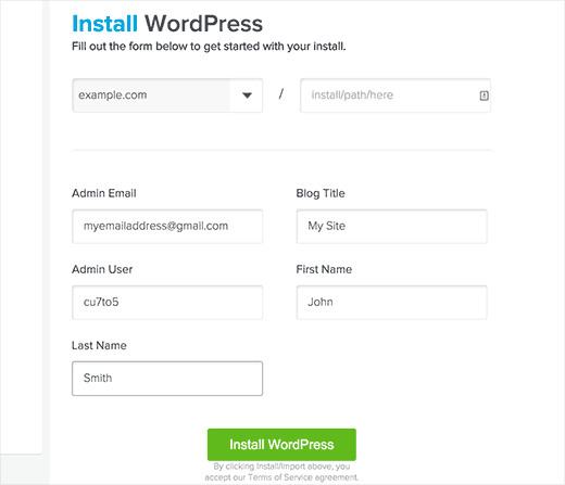 Pengaturan instalasi WordPress di QuickInstall 