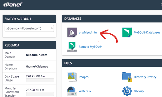 Peluncuran phpMyAdmin dari cPanel 