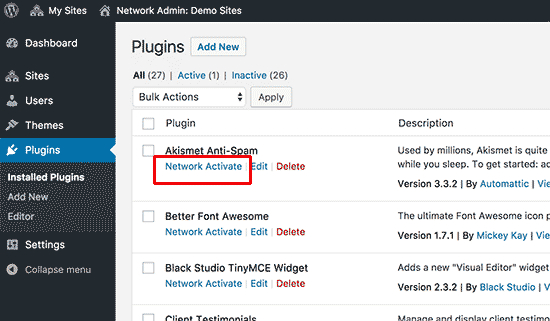 Jaringan mengaktifkan plugin pada multisite WordPress 