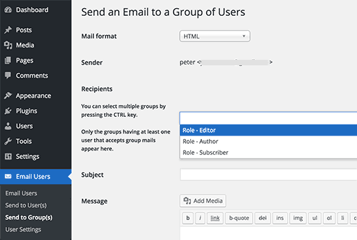 Kirim email ke peran atau grup pengguna tertentu 