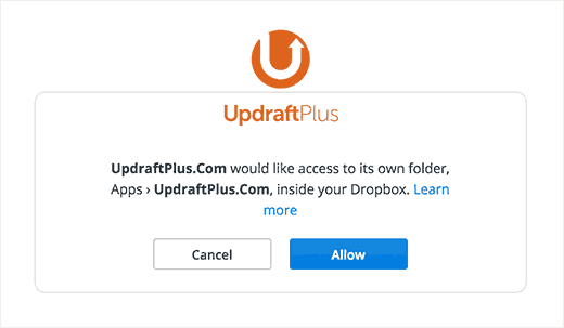 Izinkan UpdraftPlus mengakses Dropbox 