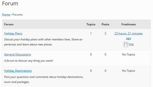 Halaman Indeks Forum di bbpress ditampilkan di Twenty Twelve WordPress theme 