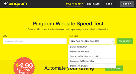 Alat kecepatan situs Pingdom 