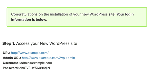 Kredensial login WordPress setelah selesai pemasangan menggunakan MOJO Marketplace 