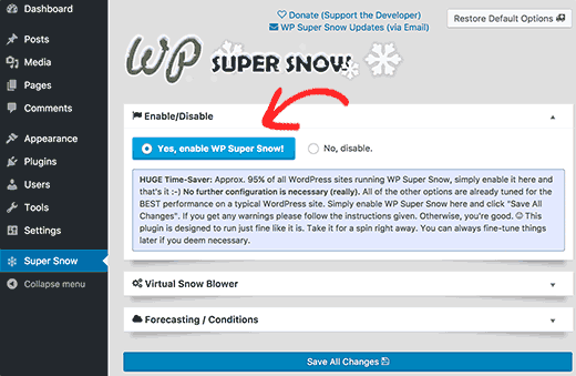 Halaman pengaturan WP Super Snow 