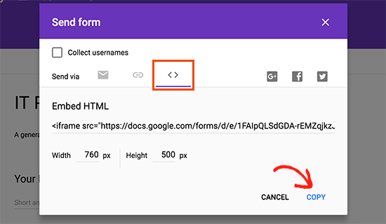 Salin kode sematan Google Formulir Anda 