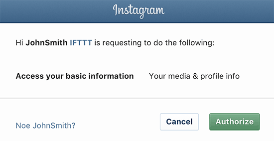 Otorisasi IFTTT untuk mengakses Instagram 