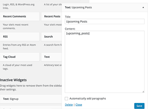 Menambahkan shortcode posts yang akan datang di widget teks 