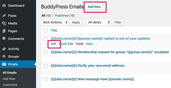 Edit pemberitahuan email di BuddyPress 