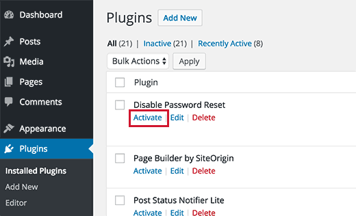 Aktifkan plugin Nonaktifkan Password Reset 