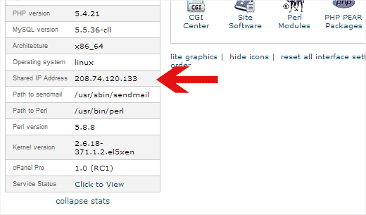 Menemukan alamat ip server Anda di cPanel 