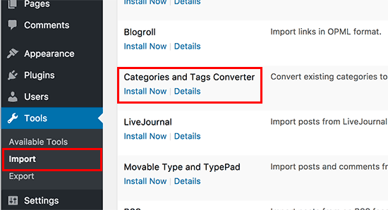 Instal kategori dan tag converter di WordPress 