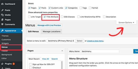 Aktifkan atribut judul untuk menu navigasi di WordPress 