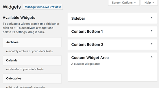 Area widget yang baru terdaftar di WordPress 