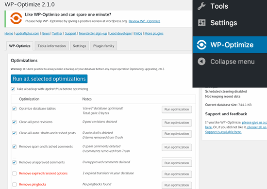 Pengaturan WP-Optimize 